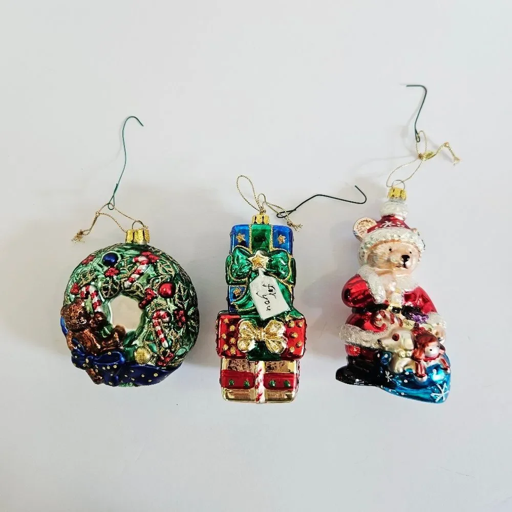 Vintage Brass Key Hand-Painted Glass Christmas Ornaments Bear Wreath Gift Stack
